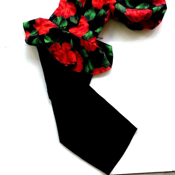 Mr. Mort Dress Black Red Floral Puff Sleeves Wedding Party Art Deco VTG… - Picture 8 of 14